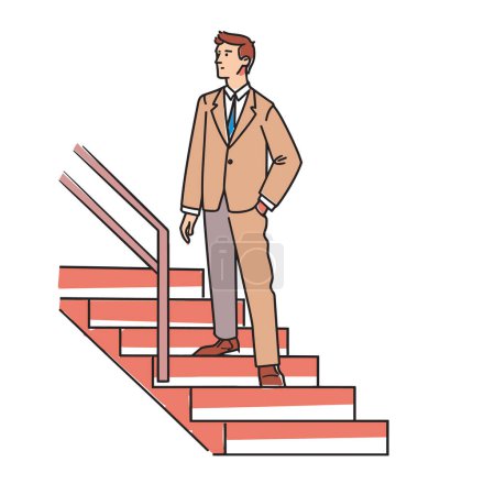 Man standing confidently red staircase, looking forward, wearing beige suit tie. Professional adult male ascends steps, poised determined. Career advancement concept businessman climbing up stairs