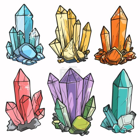 Handdrawn crystals collection colorful gemstones sketch style. Six different crystal gem illustrations colorful minerals set. Cartoon crystals vibrant colors isolated white background