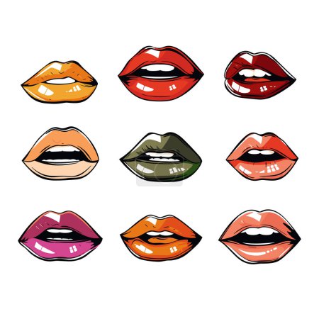 Sammlung farbenfroher Lippenillustrationen, die verschiedene Lippenstiftnuancen zeigen. Vielfältige Lippenfarben stehen für Mode, Make-up-Artistik und Schönheitstrends. Neun getrennte Lippen stehen für Vielfalt