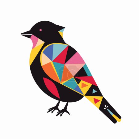 Multicolored geometric design bird perched vibrant abstract pattern. Creative geometric bird artwork isolated white background. Colorful polygonal animal design, artistic illustration concept