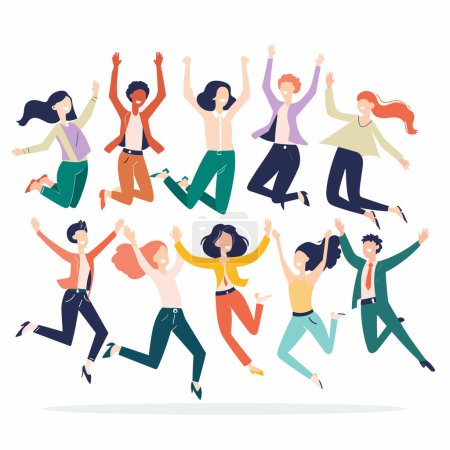 Illustration for Diverse group joyful cartoon people jumping celebrating success happiness. Nine animated characters expressing joy happiness colorful casual attire. Excited friends group leap air fun illustration - Royalty Free Image