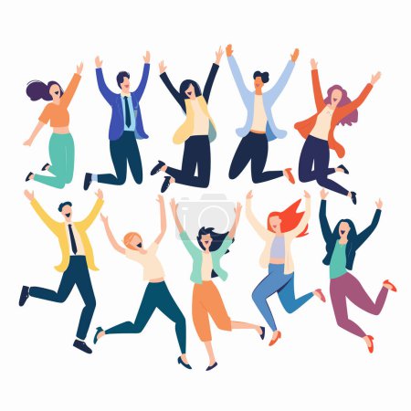 Diverse group people celebrating victory, joy, excitement. Men women jump raised arms, expressing happiness success. Animated characters show celebration, teamwork, euphoria