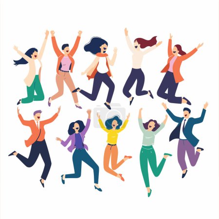 Group diverse people celebrating, men women jumping joy, happiness emotion. Multicultural celebration, friends having fun, casual formal wear diversity. Cartoon characters expressing excitement