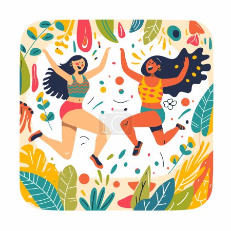 Zwei Frauen tanzen fröhlich zwischen farbenfrohen abstrakten tropischen Blättern. Beide Weibchen zeigen sich glücklich und tragen sommerliche Outfits, die sich energisch bewegen. Lebendige, festliche Feier tropischer Tänze