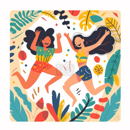Dos mujeres alegres saltando, rodeadas de hojas tropicales patrones abstractos, celebrando la felicidad colorida ropa de verano. Africana etnia hembras tener divertido vibrante tropical patrón fondo