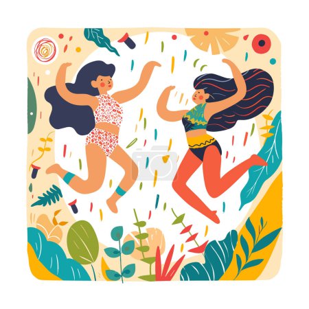 Two women dancing joyfully among tropical plants, confetti air, colorful festive atmosphere. Dancers wearing summer clothes, moving energetically, happy expressions, vibrant nature background