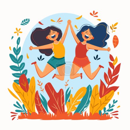 Dos mujeres jóvenes saltando alegremente entre hojas de plantas coloridas. Los personajes muestran felicidad, libertad, amistad, saltar alto, brazos levantados, fondo azul del cielo. Colores brillantes, humor alegre