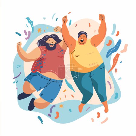 Illustration for Two joyful people celebrating hands raised, vibrant colors patterns surrounding them. Excited man woman dancing, expressing happiness, colorful abstract background. Party scene, cheerful characters - Royalty Free Image