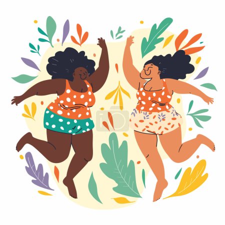 Dos mujeres alegres bailando alegremente entre la flora colorida. AfricanAmerican amigas celebran la felicidad, positividad corporal rodeado de hojas. Plussize mujeres traje de baño polkadot disfrutar de la naturaleza