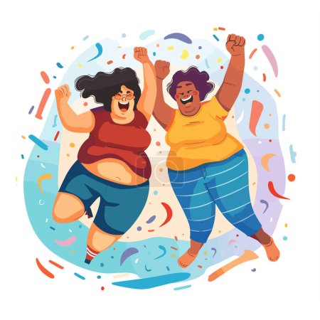 Two women celebrating joyously, jumping raised hands happy faces. Confetti surrounds them against vibrant abstract background. Cartoon style plus size females exuding happiness confidence colorful