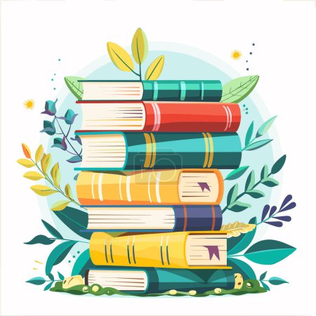 Stack colorful books surrounded leaves plants. Education concept books nature elements. Vibrant illustration book pile foliage