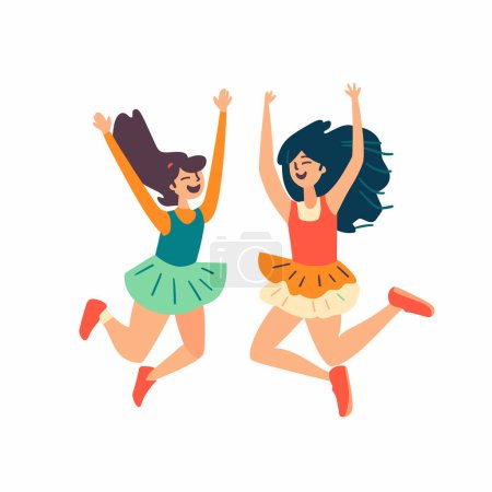 Illustration for Two young women jumping joyfully, celebration concept, happiness through body language. Female characters smiling broadly, expressing euphoria, casual clothes, green orange attire. Animated style - Royalty Free Image