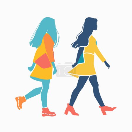 Deux silhouettes féminines élégantes marchant en toute confiance, une orange turquoise, marine jaune. Illustration de mode moderne, couleurs contrastées, design dynamique minimaliste. Représentation artistique urbaine
