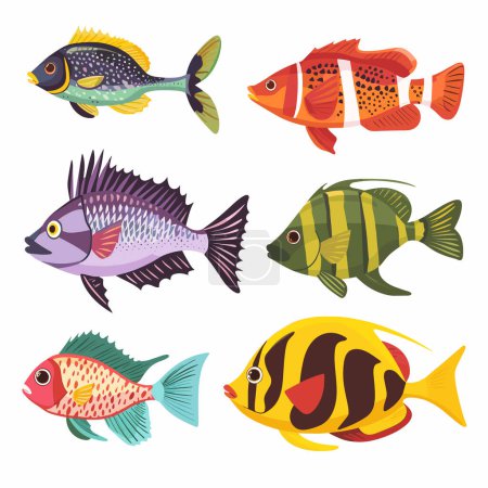 Colección seis coloridas ilustraciones de peces tropicales, peces con un diseño único. Tonos brillantes con amarillos, rojos, verdes, púrpuras representan peces exóticos, material educativo ideal. Estilo de dibujos animados
