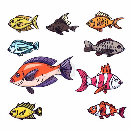 Colorful tropical fish illustrations arranged staggered rows. Exotic fish various patterns colors. Cartoon style aquatic life emphasis diversity