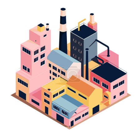 Isometric industrial buildings compose colorful factory complex. Pastelhued structures include stacks, roofs, assortment building shapes. Factory facilities intertwined dense layout suggesting urban