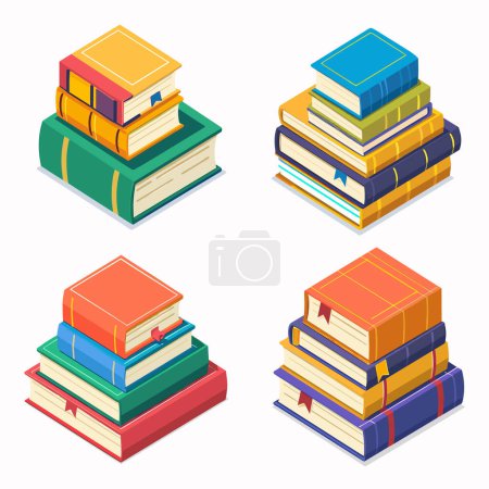 Stapelt bunte Bücher isometrischen Design. Verschiedene Größen farbigen Bücher angeordnet vier verschiedene Stapel. Pädagogisches literarisches Konzept isometrischer Vektorstil
