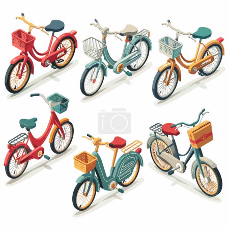 Isometric bikes different colors styles, bicycles urban transportation, cycling activity. Retro bikes baskets, modern city bicycles, isolated white background, collection set. Kids, adults use these