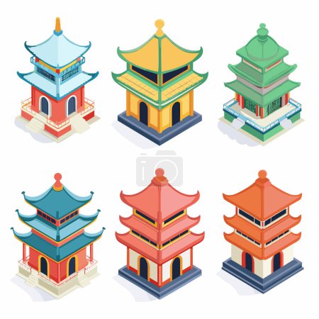 Isometric traditional Asian pagodas collection, various colors roofs, oriental architecture isolated. Set Chinese Japanese temples, multistory towers, cultural buildings, isometric design