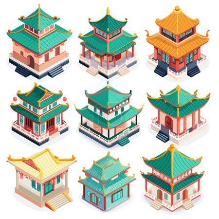 Establecer edificios tradicionales chinos estilo isométrico. Ilustración características detallada arquitectura pagoda múltiples techos, fachadas coloridas elementos de diseño oriental. Varios tamaños diseños Asiático