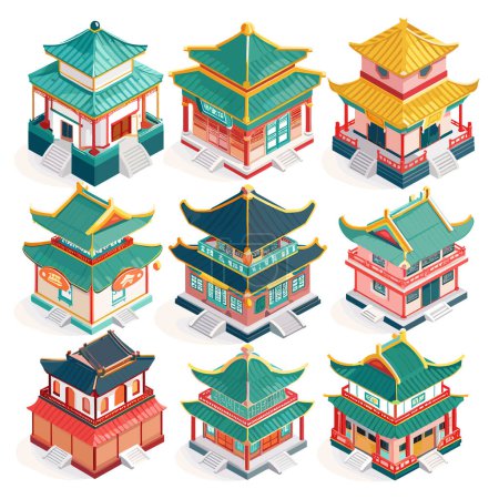 Colección de edificios tradicionales chinos con techos de pagoda clásicos colores vibrantes, la construcción muestra detalles arquitectónicos asiáticos distintivos ornamentación. Vista isométrica muestra variada