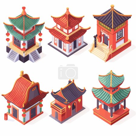 Traditional Asian architecture collection isometric illustration. Chinese temples pavilions pagodas cultural buildings vibrant colors. Oriental structures lanterns detailed artwork cultural heritage