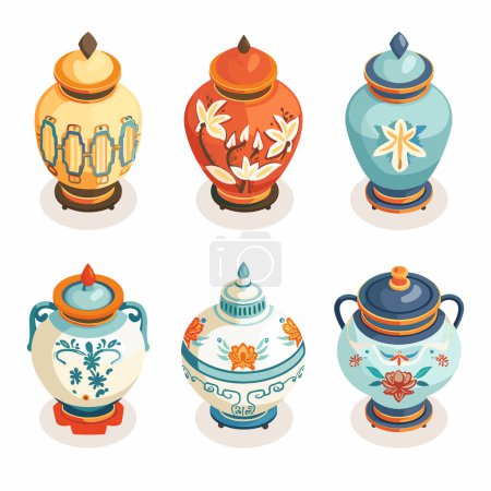 Six decorative urns, various designs, isolated white background. Ornate ceramic pots, colorful patterns, illustrated set. Collection traditional vessels, isometric view, artistic render