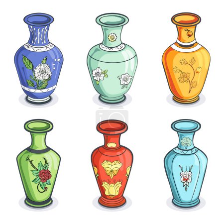 Set colorful ceramic vases floral patterns isolated white background. Collection illustrated pottery vases, blue, green, orange, red artistic flower designs. Decorative vases vector illustration