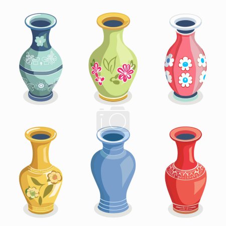Collection six colorful ceramic vases decorated various floral patterns. Illustration pottery art, vase unique shape design. Cartoonstyle vector vases suitable decorationthemed graphics