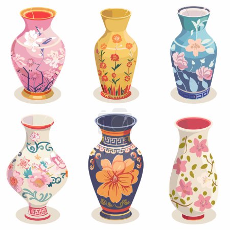 Six colorful ceramic vases different patterns designs, suitable home decoration collectible items, vase adorned floral motifs, ranging delicate pink blossoms bold yellow flowers against variously