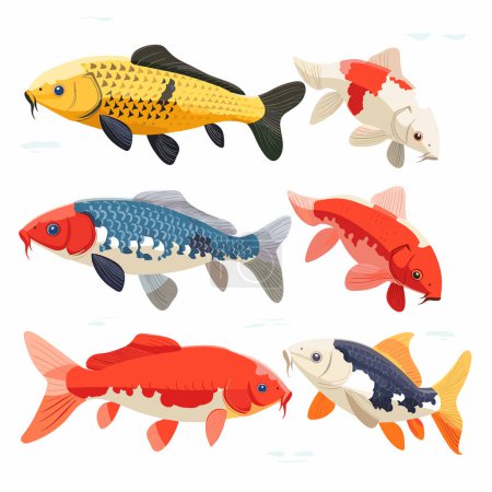 Illustration colorée de poissons koï nageant gracieusement, vie aquatique vibrante, variétés de poissons d'ornement. Poisson koï exceptionnellement détaillé, affichant des motifs de couleurs, mouvement des espèces d'eau douce. Délicat