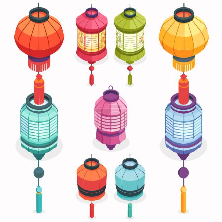 Assortment colorful Chinese lanterns various shapes. Isometric design traditional lanterns used celebration decoration. Isolated white background featuring decorative Asian lamps
