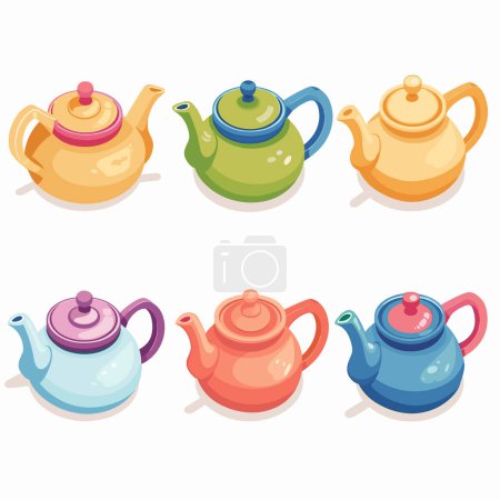 Bunte Teekannen-Set, sechs Keramik-Teekannen verschiedenen Designs Farben, Geschirr. Verschiedene Farben sind gelb, grün, blau, lila, rot, orange. Isometrische Ansicht, Vektorillustration Teekannen