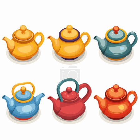 Six colorful teapots arranged two rows, cartoon style, isolated white background. Teapots vibrant shades yellow, blue, red, green, various designs kitchenware. Porcelain enamel teapots, kitchen
