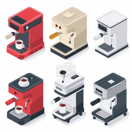 Isometric coffee machines collection. Espresso makers different models colors, isometric design. Kitchen appliances making coffee, isolated white background