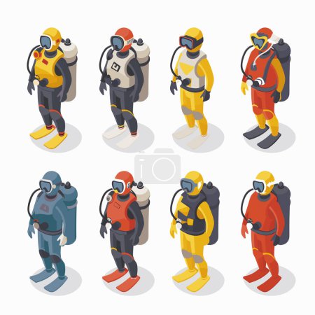 Set diverse isometric scuba divers colorful gear exploring underwater, diver equipped fins, mask, snorkel, tank, suitable diving themes. Isometric illustration showcases adventure, sports, scuba