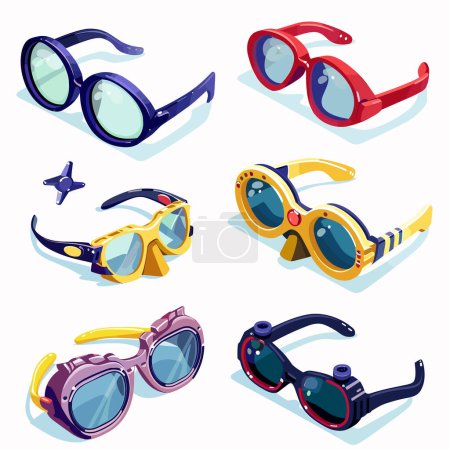 Six different styles sunglasses illustrated vibrant colors. Sunglasses feature various shapes, including round, oval, square lenses unique frame designs. Isometric vector illustration fashion