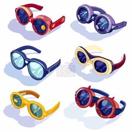 Six different styles colorful, playful glasses lie white surface, casting slight shadows, pair glasses features unique frame designs colors, ranging red blue yellow. Stylish eyewear, varying shades