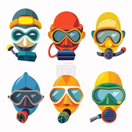 Set coloré dessins animés masques de plongée sous-marine tubas, diverses activités sous-marines de conception. Six styles différents équipement de plongée couleurs vives, appareil respiratoire exploration de l'océan illustré