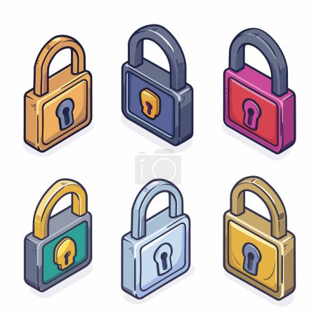 Sechs bunte Cartoonstil Vorhängeschlösser, drei obere Reihe drei untere Reihe, Vorhängeschloss hat Schlüsselloch, veranschaulicht Sicherheit, Schutzkonzepte. Vielfältige Farbtöne wie gelb, blau, rosa, grau, lila