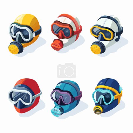 Six casques de dessin animé colorés lunettes représentant différents modèles caractéristiques appropriées plongée sous-marine, plongée avec tuba, activités sous-marines. Vue isométrique casque protecteur tubas masques visage