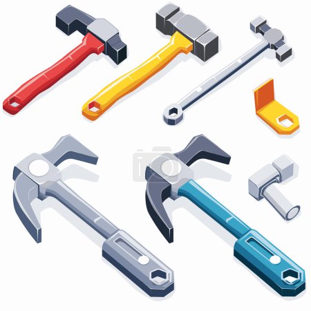 Isometric tools set against isolated white background featuring hammers wrenches. Handyman toolkit construction, repair, DIY projects. Striking, fastening, turning tools vibrant red, yellow, blue
