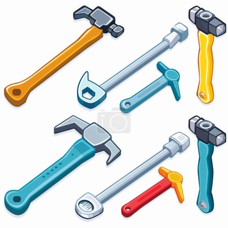 Illustration for Assorted tools featuring wrenches, hammers, adjustable spanners cartoon style, vibrant colors. Illustrated hardware tools construction repair concept, isolated white background. Different tool types - Royalty Free Image