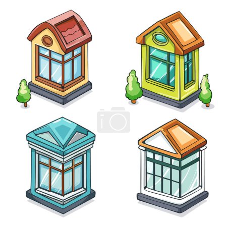 Four colorful isometric kiosks small shops illustrations. Cartoon style designs include red, yellow, blue, white kiosks, large windows unique rooftop. These kiosks could be used city maps icons