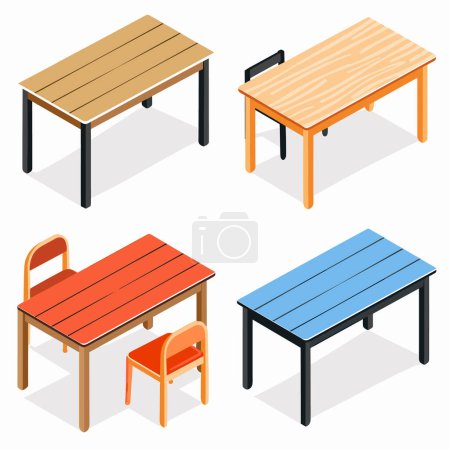 Tables isométriques chaises différentes couleurs représentées. Tables supérieures en bois une chaise rouge, affichage de meubles de bureau. Illustration vectorielle isométrique mobilier moderne design d'intérieur