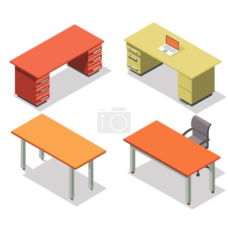 Ensemble de mobilier de bureau isométrique comprenant une table de bureau, une chaise. Tiroirs de tables de bureau jaune orangé, design moderne, fond blanc isolé, élégant