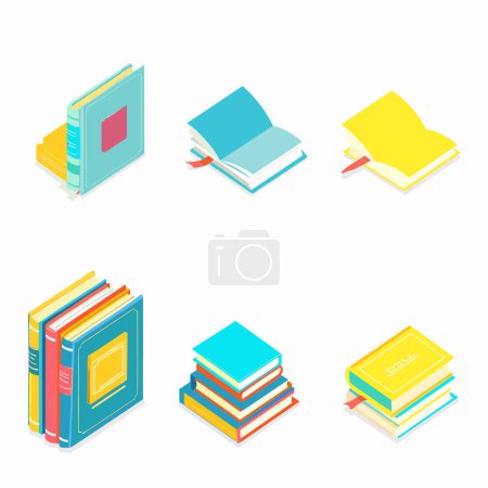 Isometrische Bücher in verschiedenen Farben Orientierungen. Stapelt einzelne Bücher, die Bildung, Lernen, Literatur nahelegen. Isolierter weißer Hintergrund verstärkt Fokus bunte Bücher