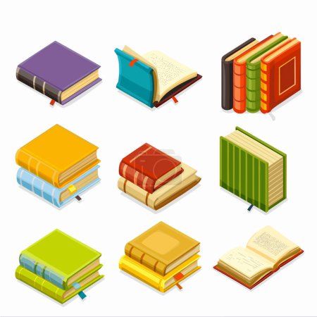 Isometric books various colors isolated white background. Collection hardcover books open closed isometric view. Educational literature library reading concept design