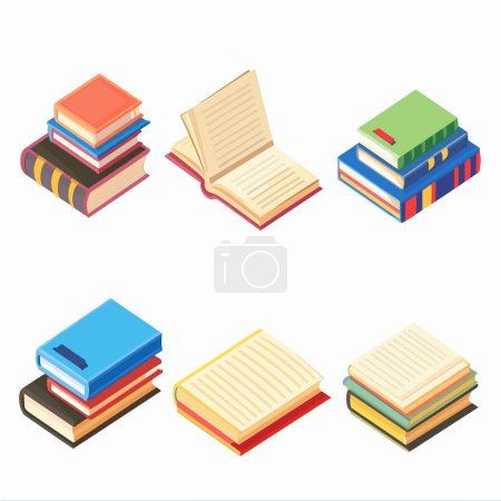 Stacked colorful books isometric vector illustration isolated white background. Open book pages fluttering hardcover book collection education concept. Various arrangements library reading materials