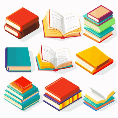 Stapelbare Bücher einzelnes offenes Buch prominent vertreten. Leuchtende Farben rot, blau, grün, gelbe Bücher, pädagogisches Thema. Bunte Büchersammlung, isolierter weißer Hintergrund